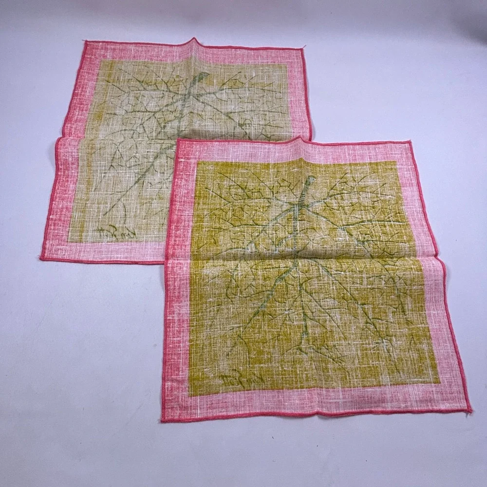 Vintage Ken Scott Napkin Set of 2 Green Pink Tree Leaf Print Linen
